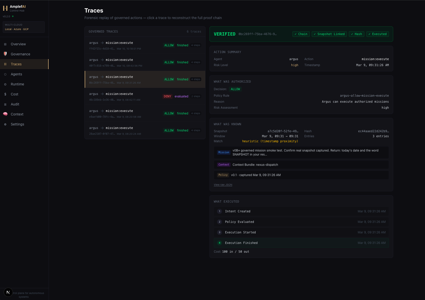 AmplefAI Control Hub — Forensic replay of governed actions with cryptographic verification